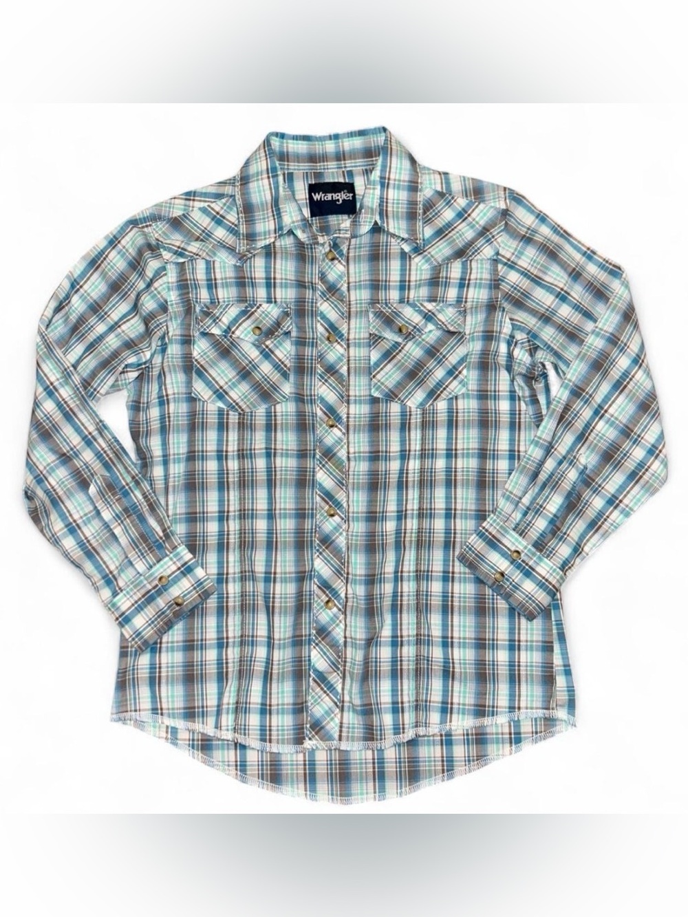 Wrangler Boy’s Teal and Brown Plaid Button-Down Shirt Large